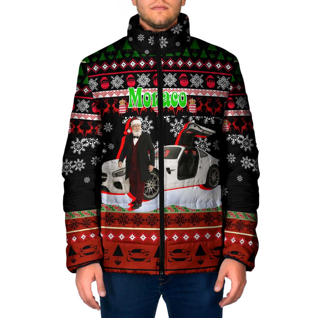 Monaco Christmas Padded Jacket with Santa Claus Sports Car Snowflakes and Luxury Holiday - Wonder Print Shop