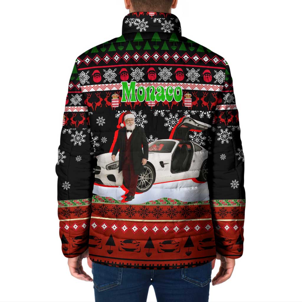 Monaco Christmas Padded Jacket with Santa Claus Sports Car Snowflakes and Luxury Holiday - Wonder Print Shop