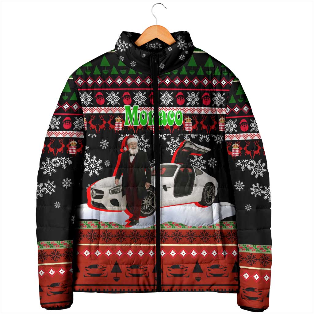Monaco Christmas Padded Jacket with Santa Claus Sports Car Snowflakes and Luxury Holiday - Wonder Print Shop