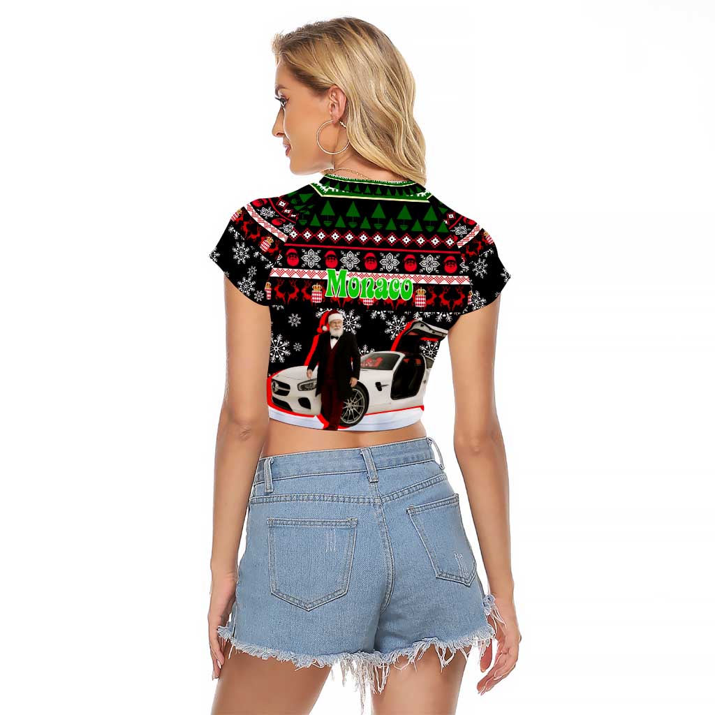 Monaco Christmas Raglan Cropped T Shirt with Santa Claus Sports Car Snowflakes and Luxury Holiday - Wonder Print Shop