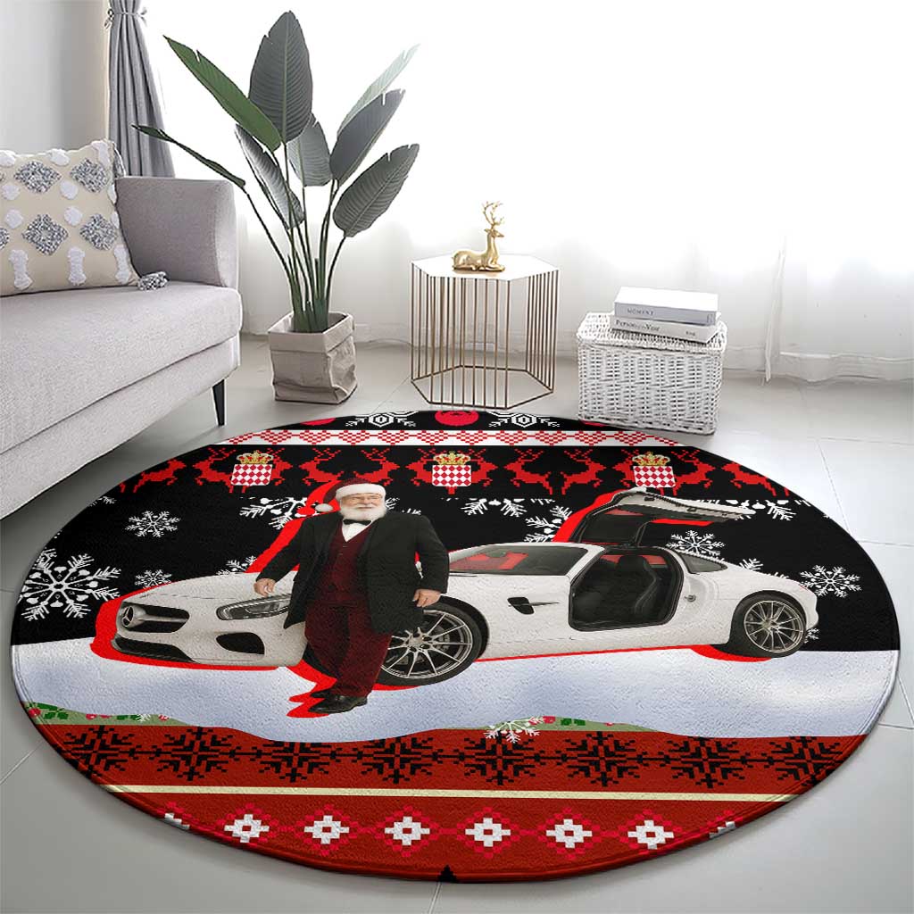 Monaco Christmas Round Carpet with Santa Claus Sports Car Snowflakes and Luxury Holiday - Wonder Print Shop