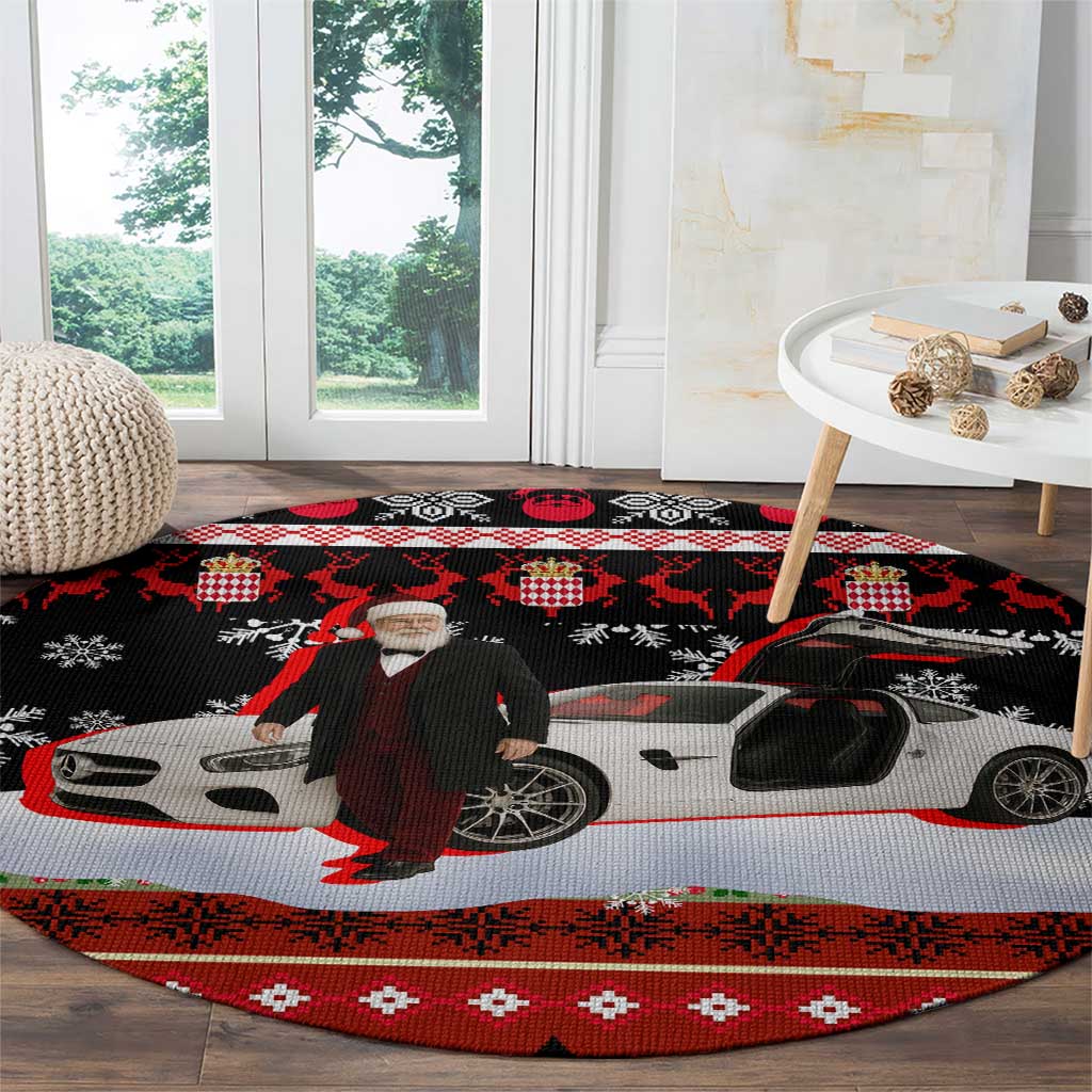 Monaco Christmas Round Carpet with Santa Claus Sports Car Snowflakes and Luxury Holiday - Wonder Print Shop