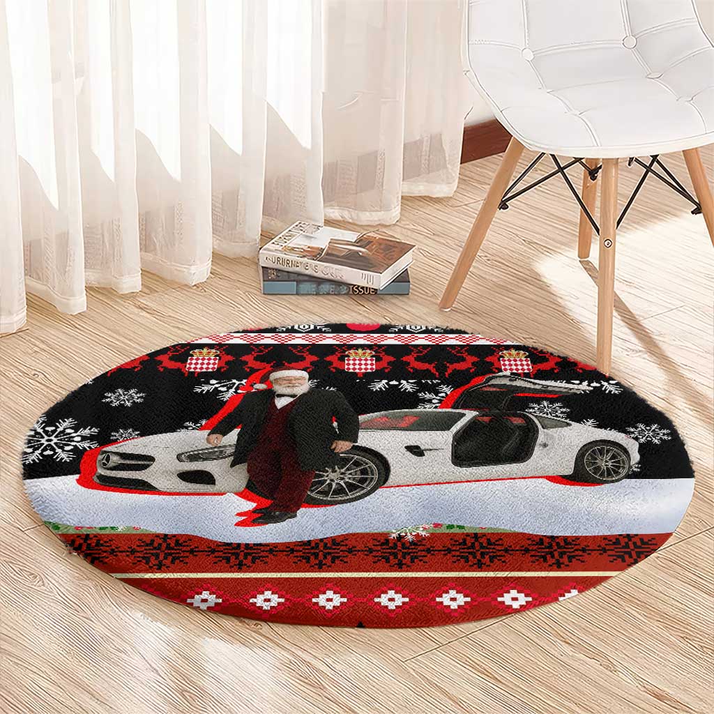 Monaco Christmas Round Carpet with Santa Claus Sports Car Snowflakes and Luxury Holiday - Wonder Print Shop