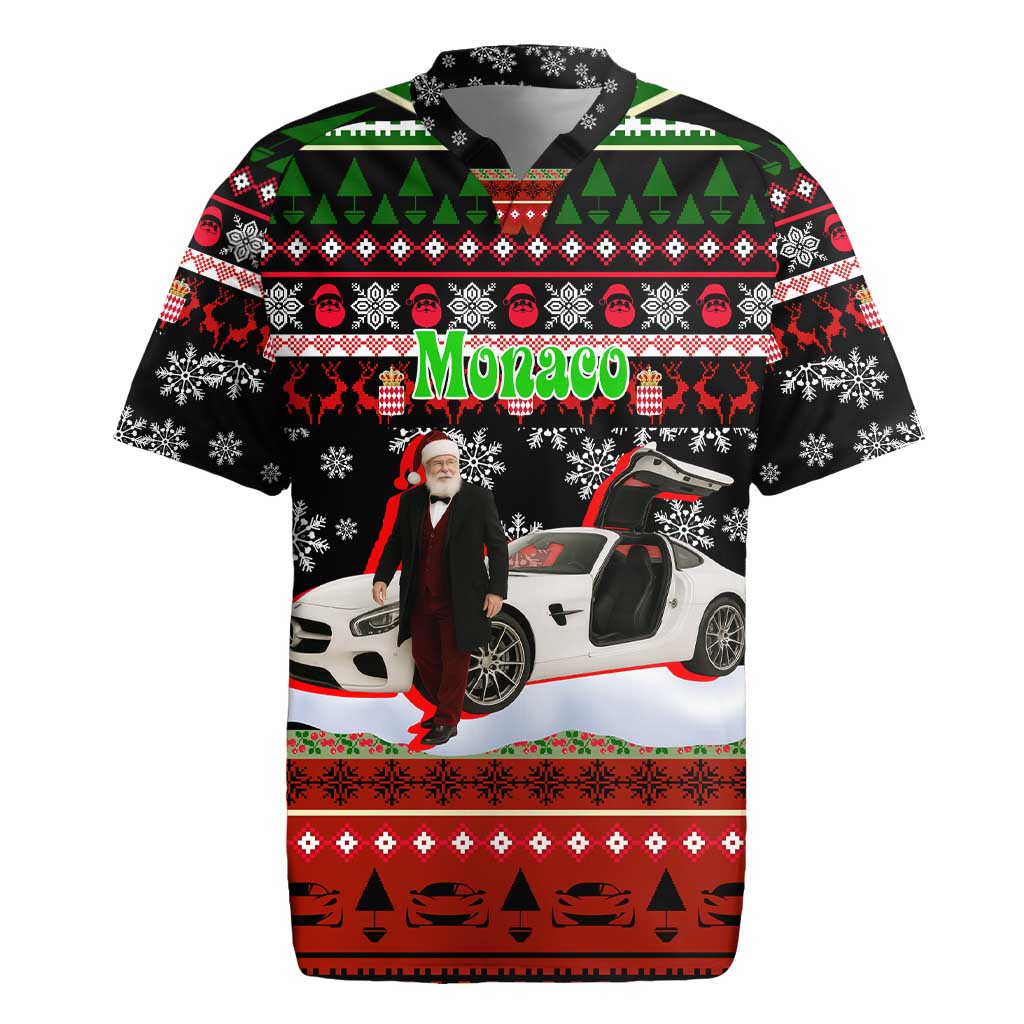 Monaco Christmas Rugby Jersey with Santa Claus Sports Car Snowflakes and Luxury Holiday - Wonder Print Shop