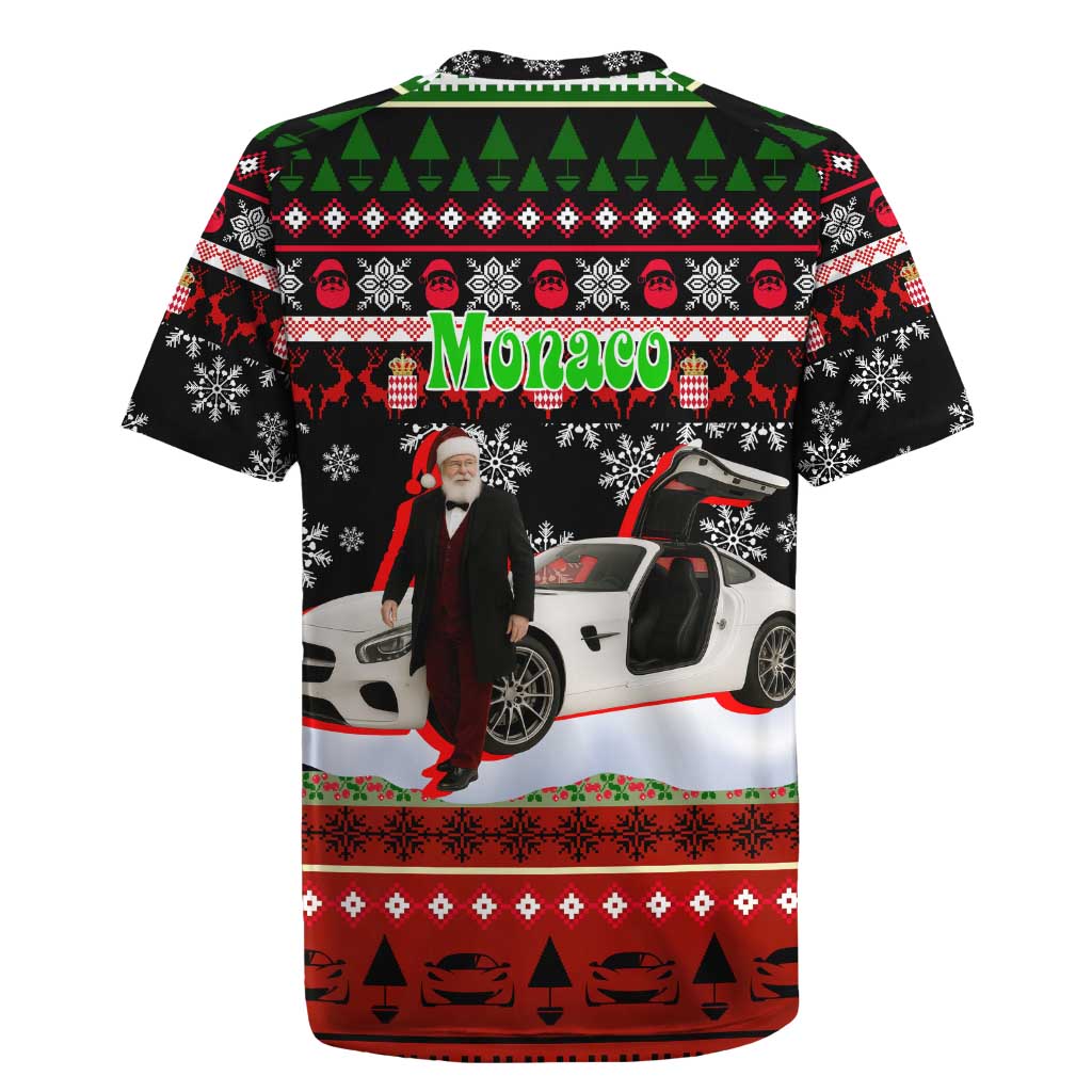 Monaco Christmas Rugby Jersey with Santa Claus Sports Car Snowflakes and Luxury Holiday - Wonder Print Shop