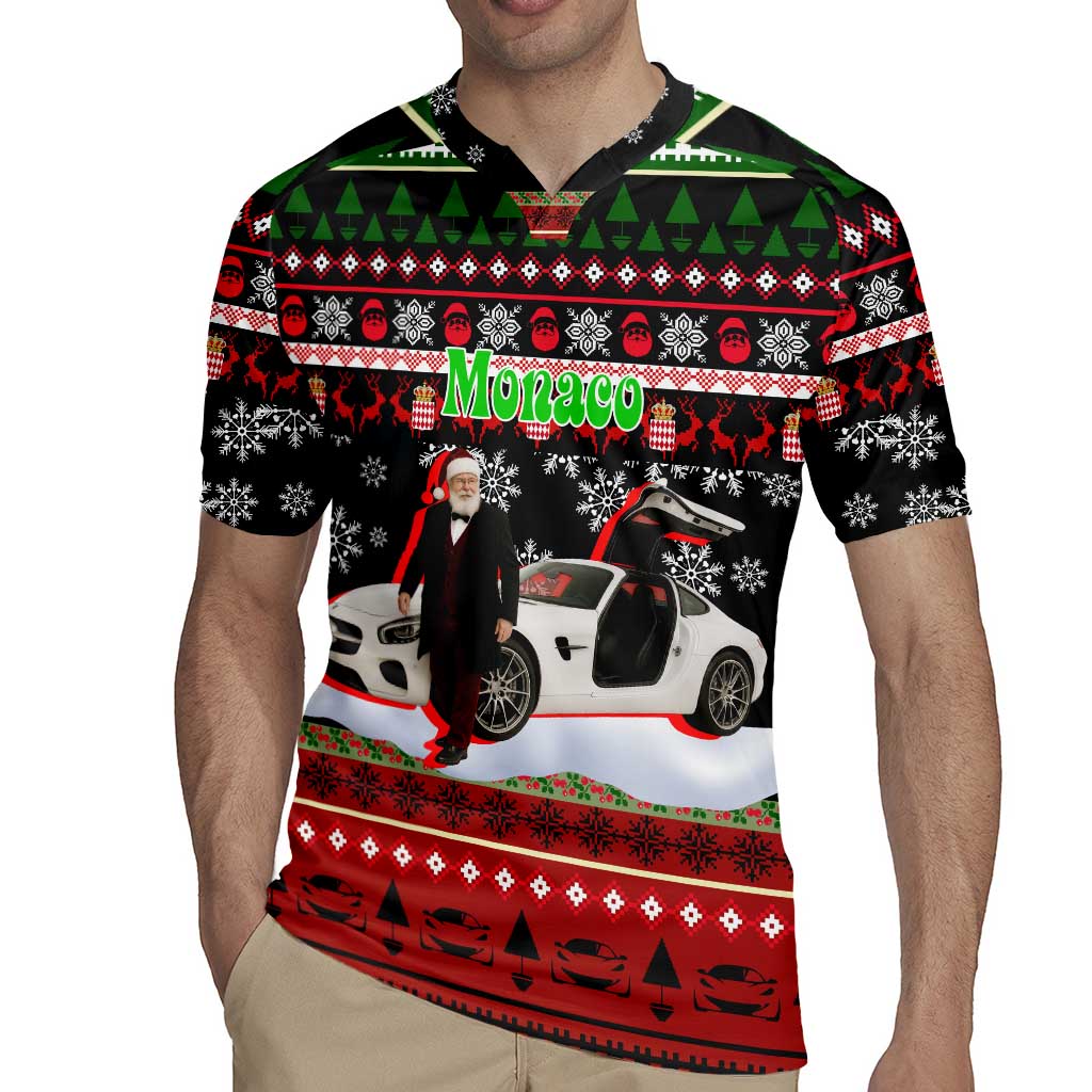 Monaco Christmas Rugby Jersey with Santa Claus Sports Car Snowflakes and Luxury Holiday - Wonder Print Shop