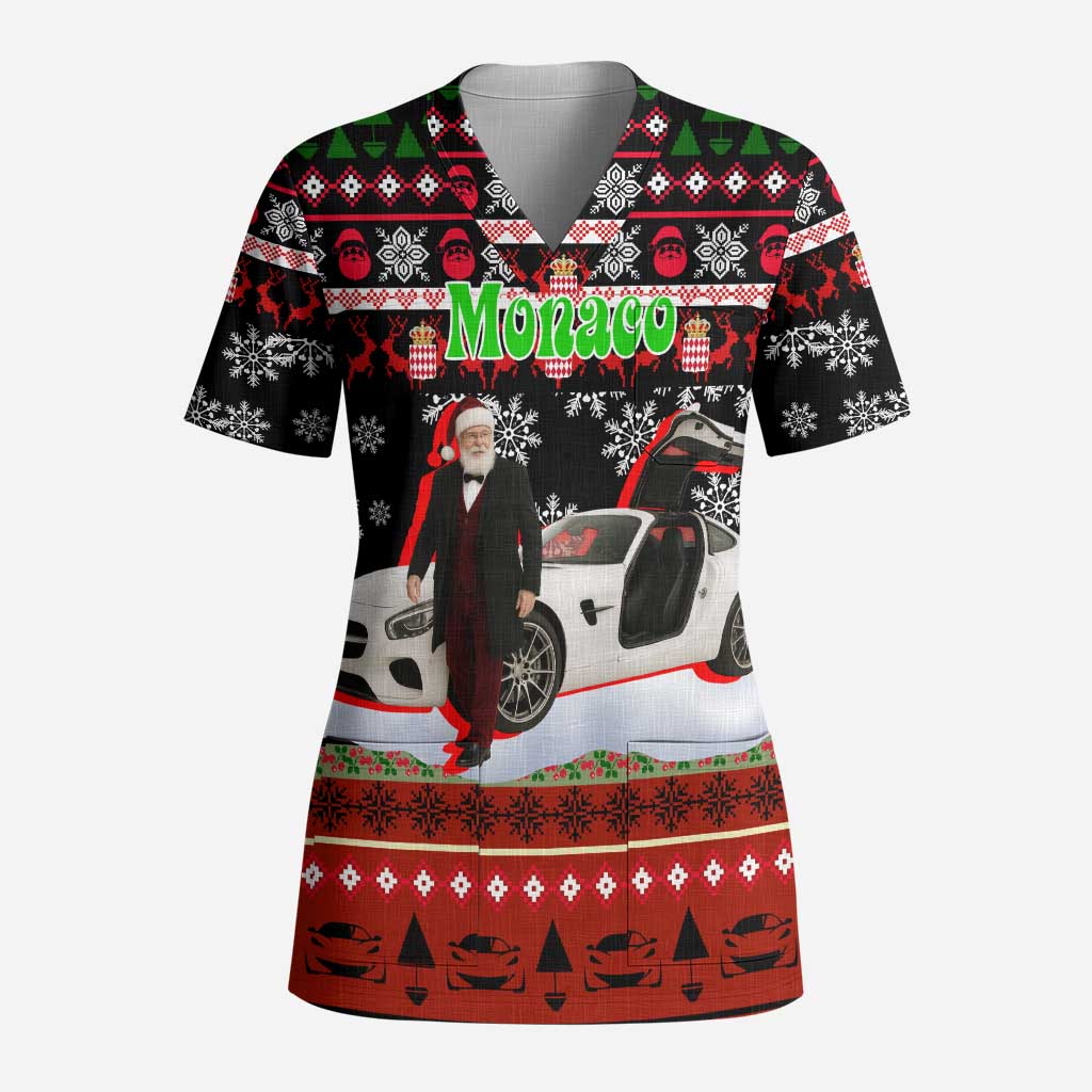 Monaco Christmas Scrub Top with Santa Claus Sports Car Snowflakes and Luxury Holiday - Wonder Print Shop