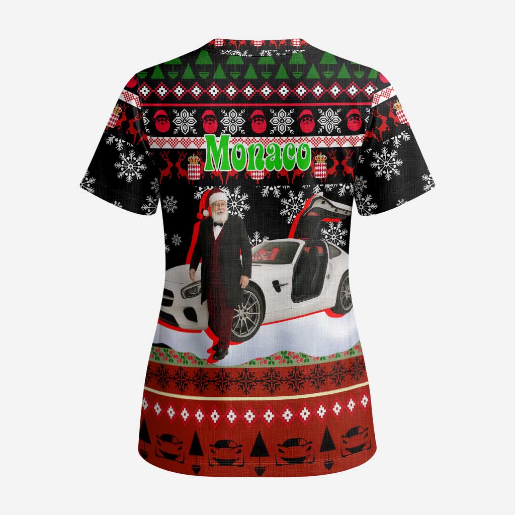 Monaco Christmas Scrub Top with Santa Claus Sports Car Snowflakes and Luxury Holiday - Wonder Print Shop