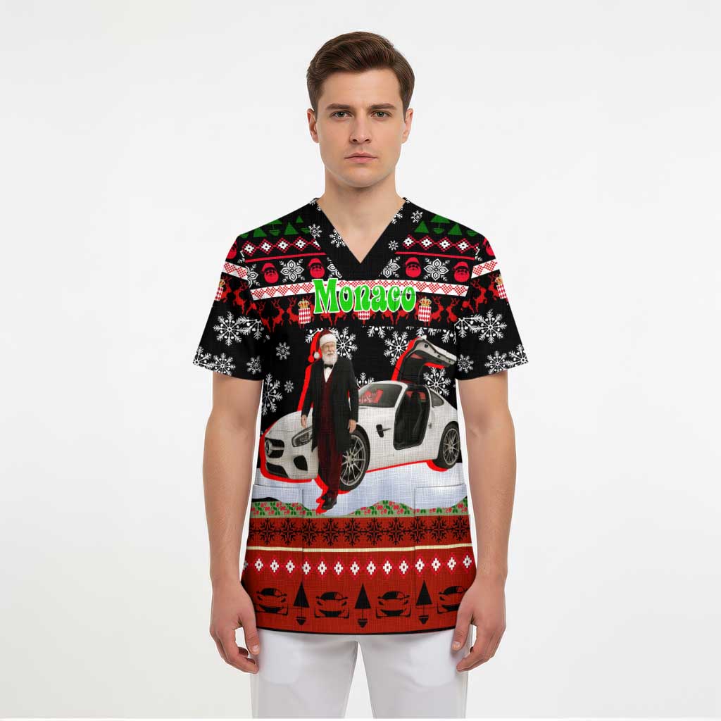 Monaco Christmas Scrub Top with Santa Claus Sports Car Snowflakes and Luxury Holiday - Wonder Print Shop