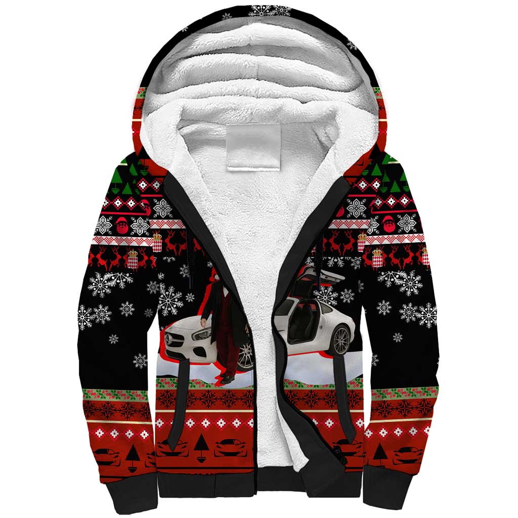 Monaco Christmas Sherpa Hoodie with Santa Claus Sports Car Snowflakes and Luxury Holiday - Wonder Print Shop