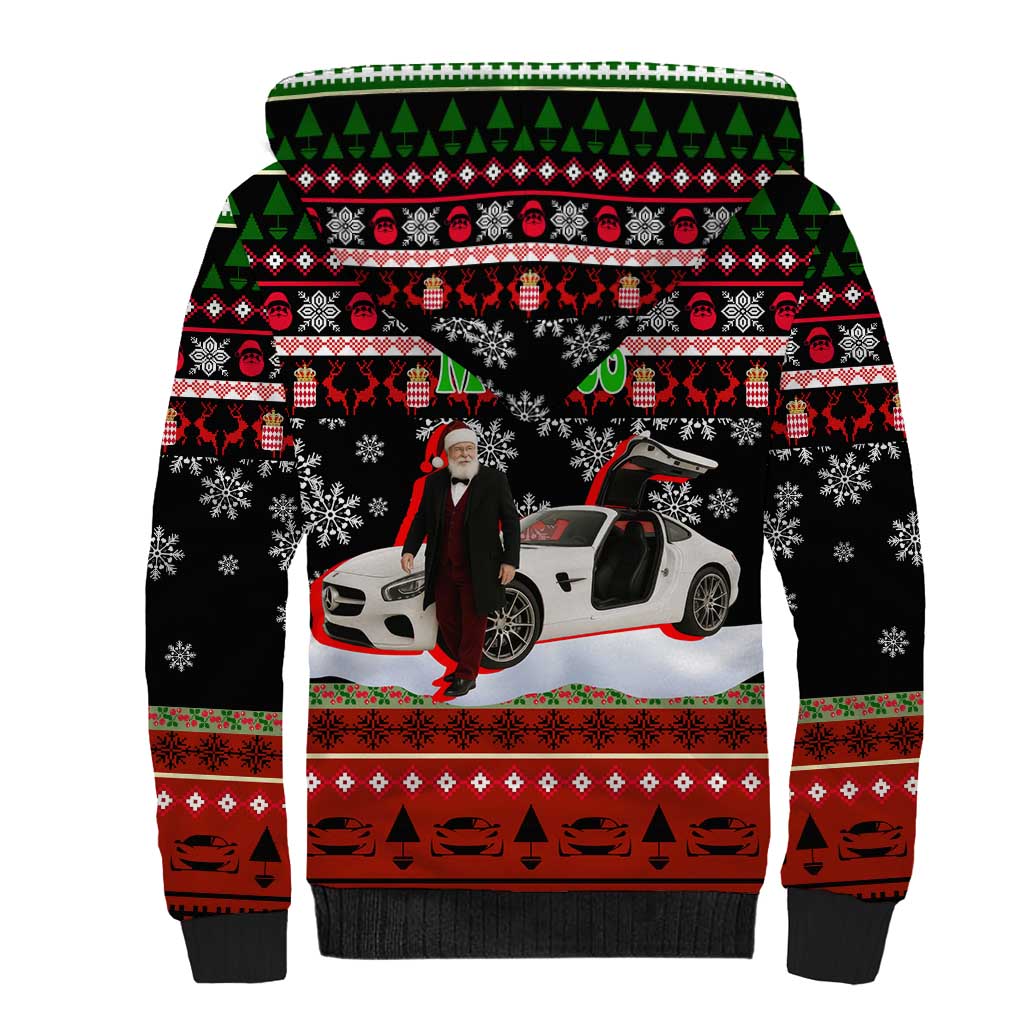 Monaco Christmas Sherpa Hoodie with Santa Claus Sports Car Snowflakes and Luxury Holiday - Wonder Print Shop
