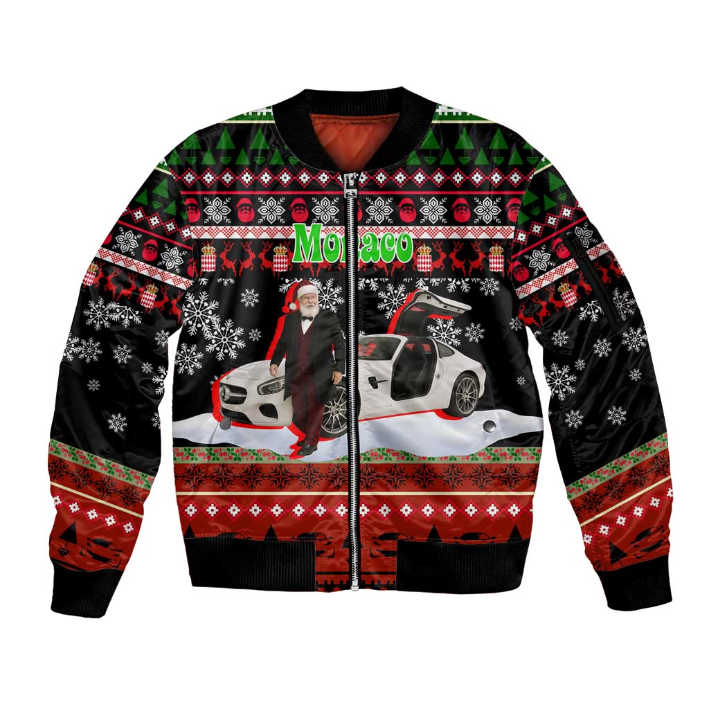 Monaco Christmas Sleeve Zip Bomber Jacket with Santa Claus Sports Car Snowflakes and Luxury Holiday - Wonder Print Shop