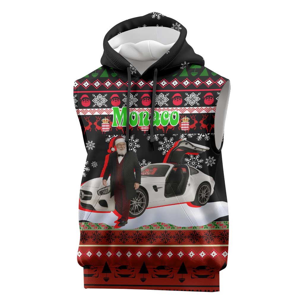 Monaco Christmas Sleeveless Hoodie with Santa Claus Sports Car Snowflakes and Luxury Holiday - Wonder Print Shop