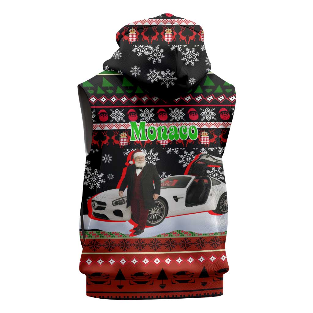Monaco Christmas Sleeveless Hoodie with Santa Claus Sports Car Snowflakes and Luxury Holiday - Wonder Print Shop