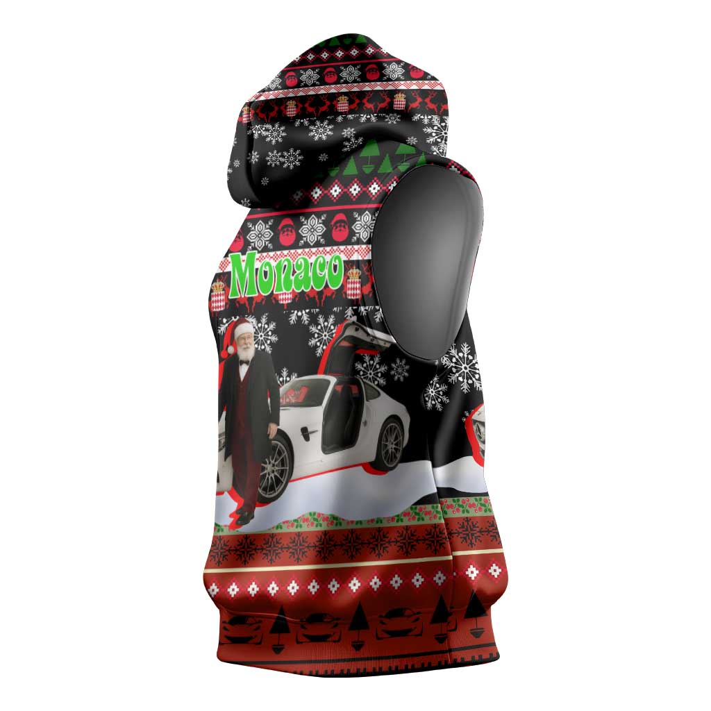 Monaco Christmas Sleeveless Hoodie with Santa Claus Sports Car Snowflakes and Luxury Holiday - Wonder Print Shop