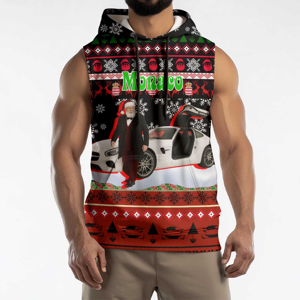 Monaco Christmas Sleeveless Hoodie with Santa Claus Sports Car Snowflakes and Luxury Holiday - Wonder Print Shop