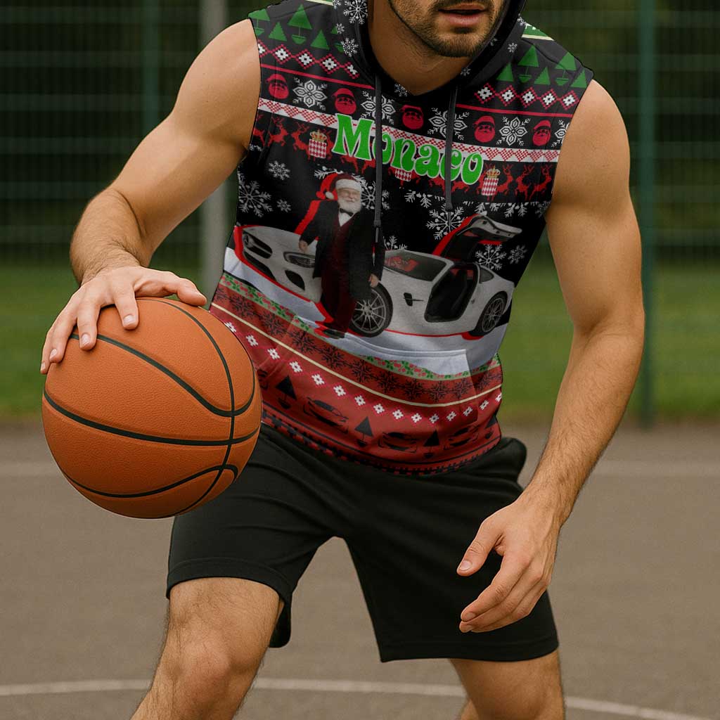 Monaco Christmas Sleeveless Hoodie with Santa Claus Sports Car Snowflakes and Luxury Holiday - Wonder Print Shop