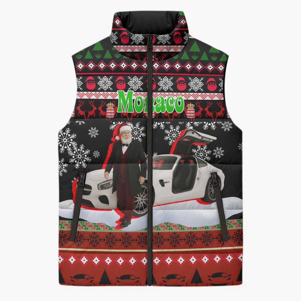 Monaco Christmas Sleeveless Puffer Jacket with Santa Claus Sports Car Snowflakes and Luxury Holiday - Wonder Print Shop