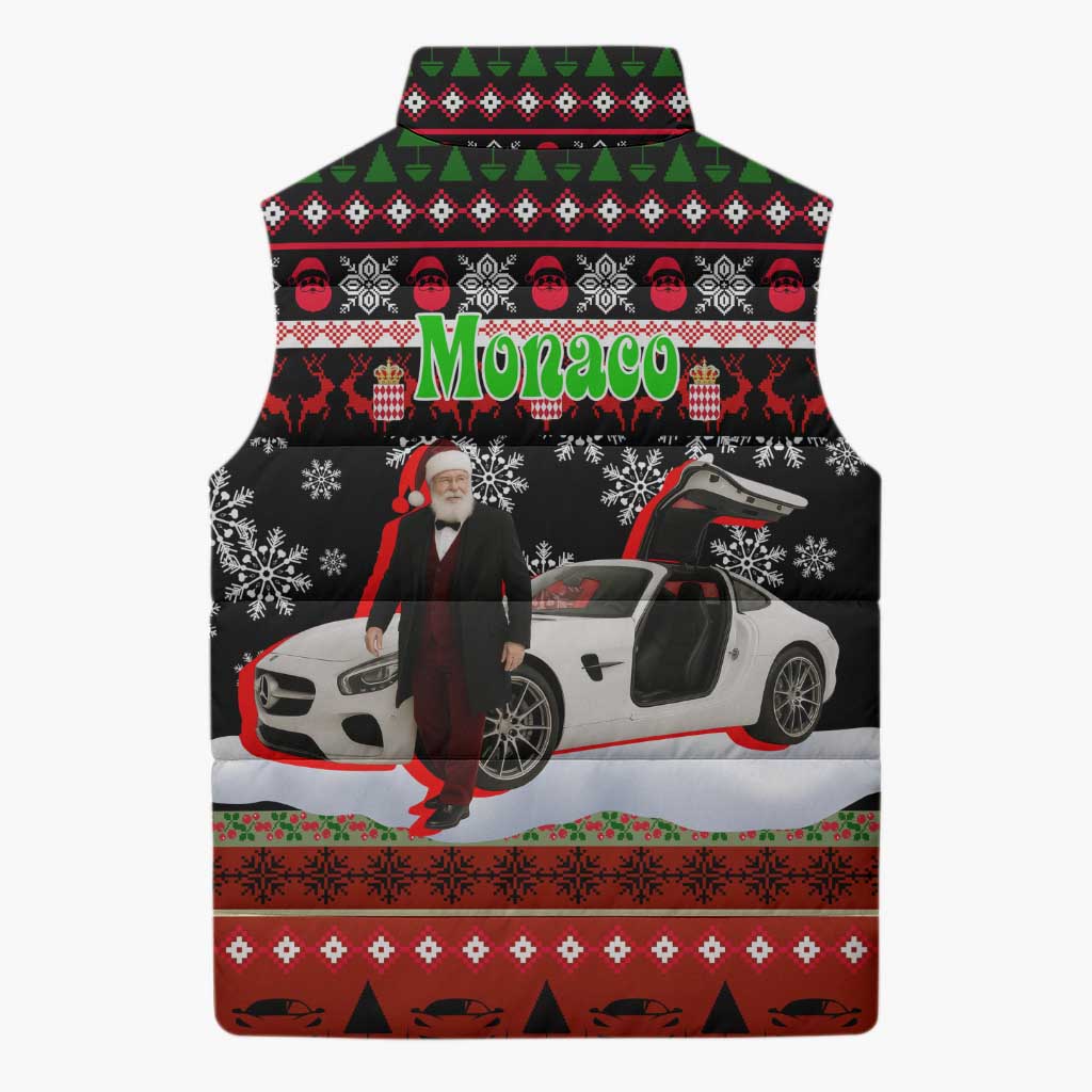 Monaco Christmas Sleeveless Puffer Jacket with Santa Claus Sports Car Snowflakes and Luxury Holiday - Wonder Print Shop