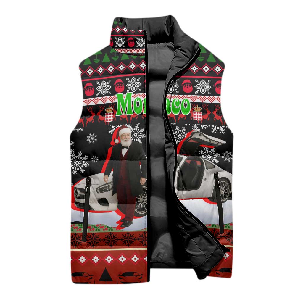 Monaco Christmas Sleeveless Puffer Jacket with Santa Claus Sports Car Snowflakes and Luxury Holiday - Wonder Print Shop