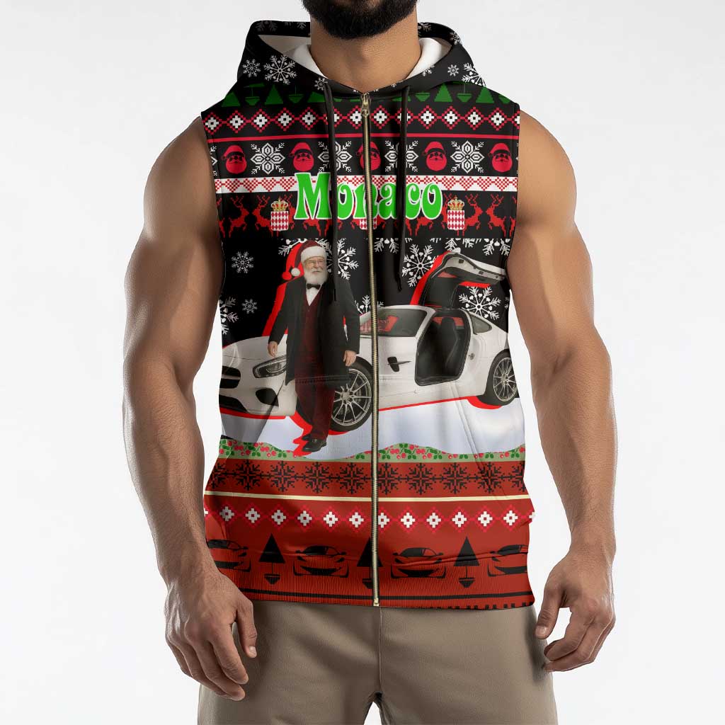 Monaco Christmas Sleeveless Zip Hoodie with Santa Claus Sports Car Snowflakes and Luxury Holiday - Wonder Print Shop