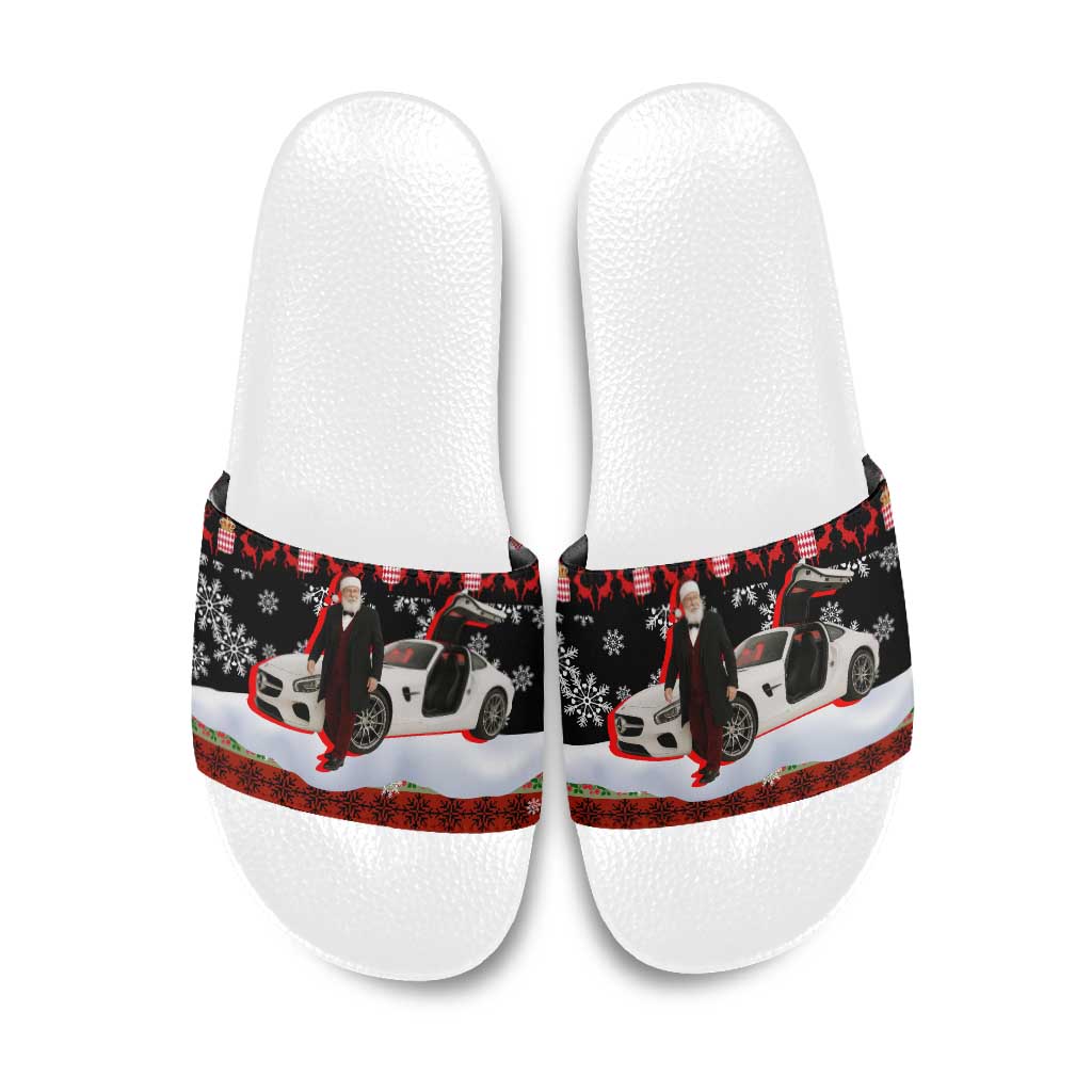 Monaco Christmas Slide Sandals with Santa Claus Sports Car Snowflakes and Luxury Holiday - Wonder Print Shop