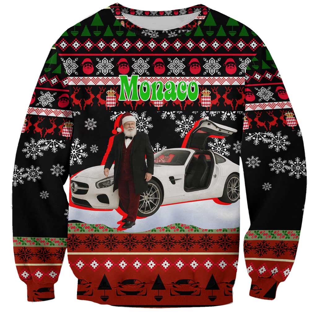 Monaco Christmas Sweatshirt with Santa Claus Sports Car Snowflakes and Luxury Holiday - Wonder Print Shop