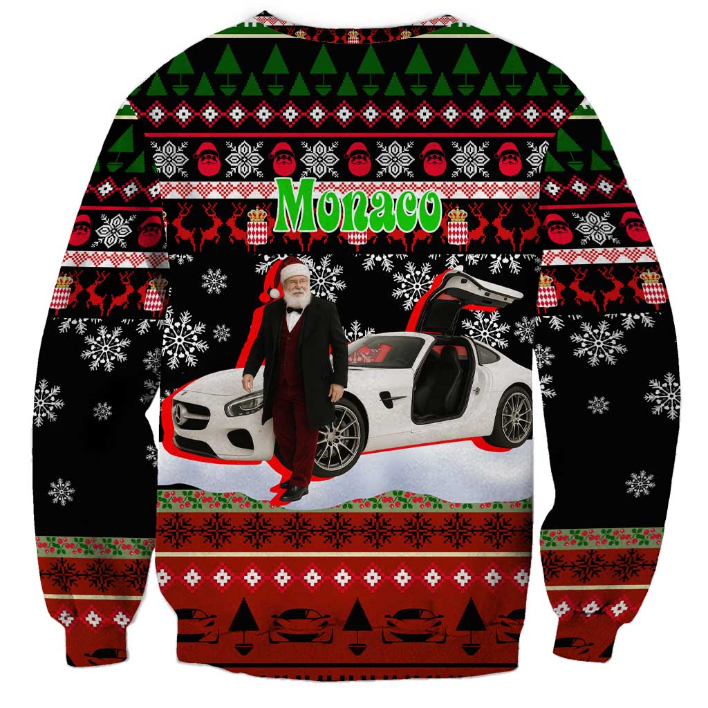 Monaco Christmas Sweatshirt with Santa Claus Sports Car Snowflakes and Luxury Holiday - Wonder Print Shop
