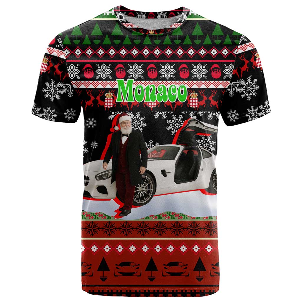 Monaco Christmas T Shirt with Santa Claus Sports Car Snowflakes and Luxury Holiday - Wonder Print Shop