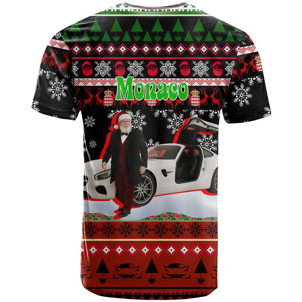 Monaco Christmas T Shirt with Santa Claus Sports Car Snowflakes and Luxury Holiday - Wonder Print Shop