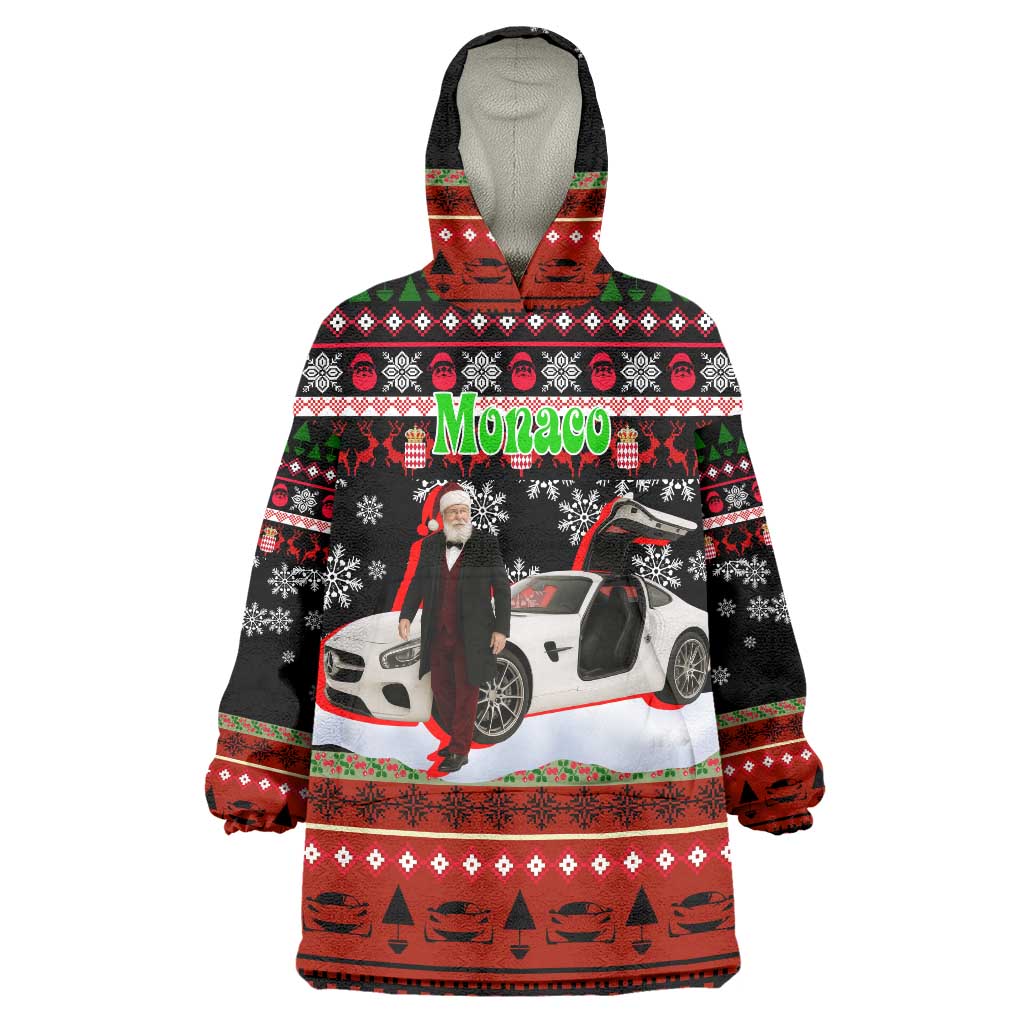 Monaco Christmas Wearable Blanket Hoodie with Santa Claus Sports Car Snowflakes and Luxury Holiday - Wonder Print Shop