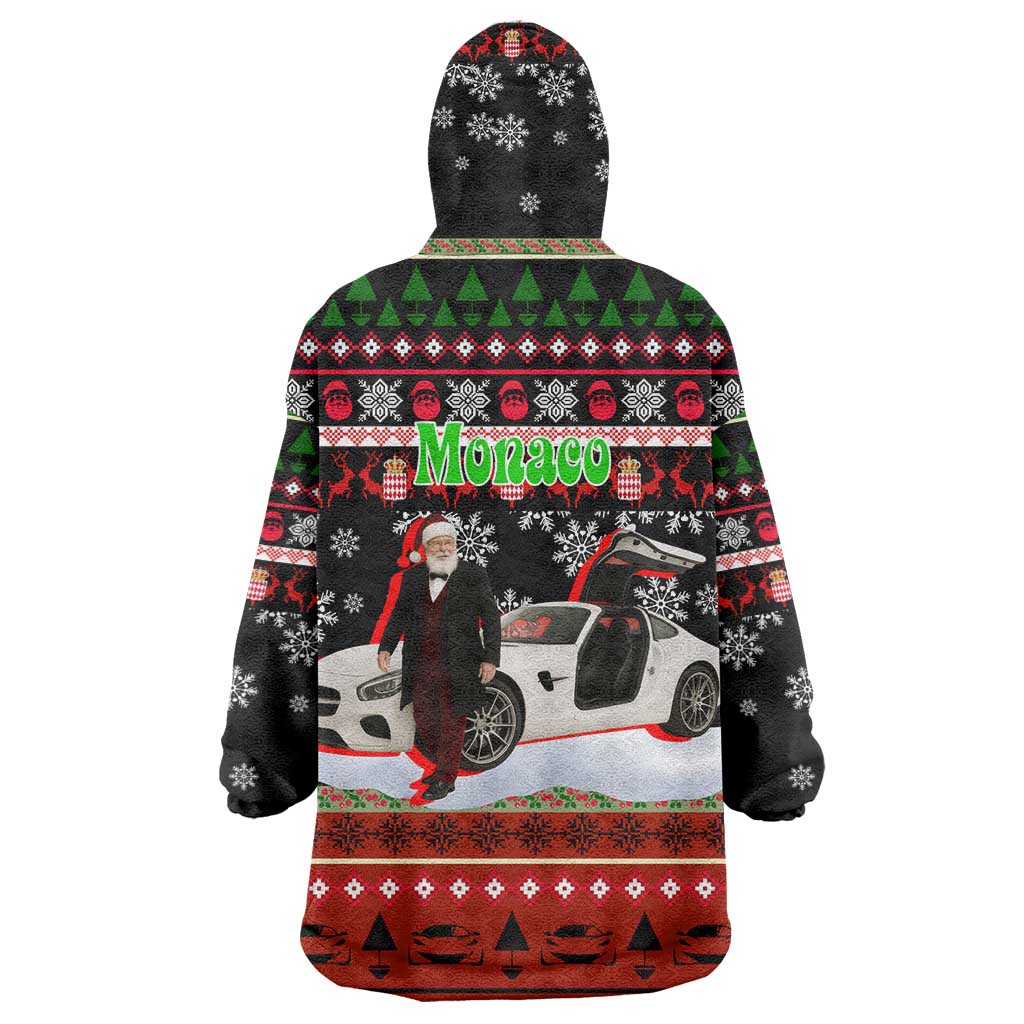 Monaco Christmas Wearable Blanket Hoodie with Santa Claus Sports Car Snowflakes and Luxury Holiday - Wonder Print Shop