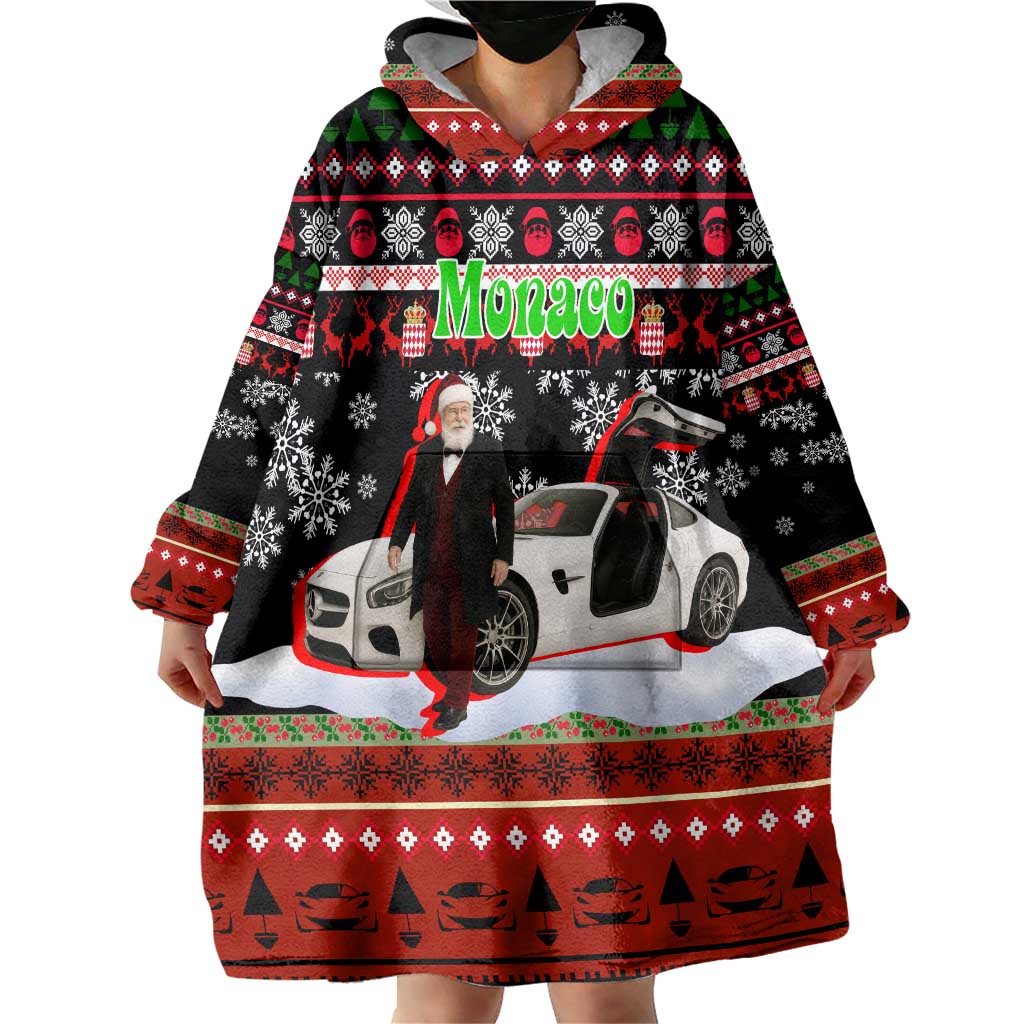 Monaco Christmas Wearable Blanket Hoodie with Santa Claus Sports Car Snowflakes and Luxury Holiday - Wonder Print Shop