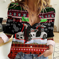 Monaco Christmas Women Casual Shirt with Santa Claus Sports Car Snowflakes and Luxury Holiday - Wonder Print Shop