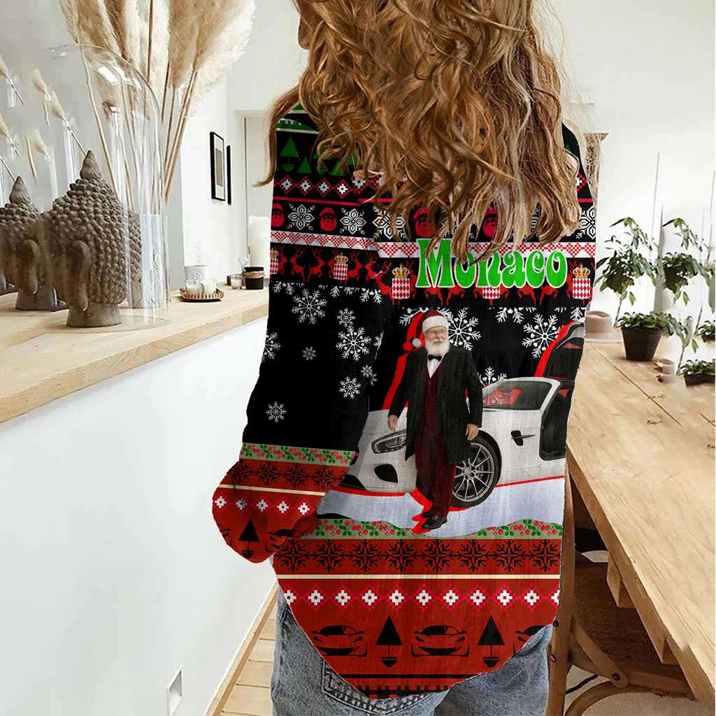 Monaco Christmas Women Casual Shirt with Santa Claus Sports Car Snowflakes and Luxury Holiday - Wonder Print Shop