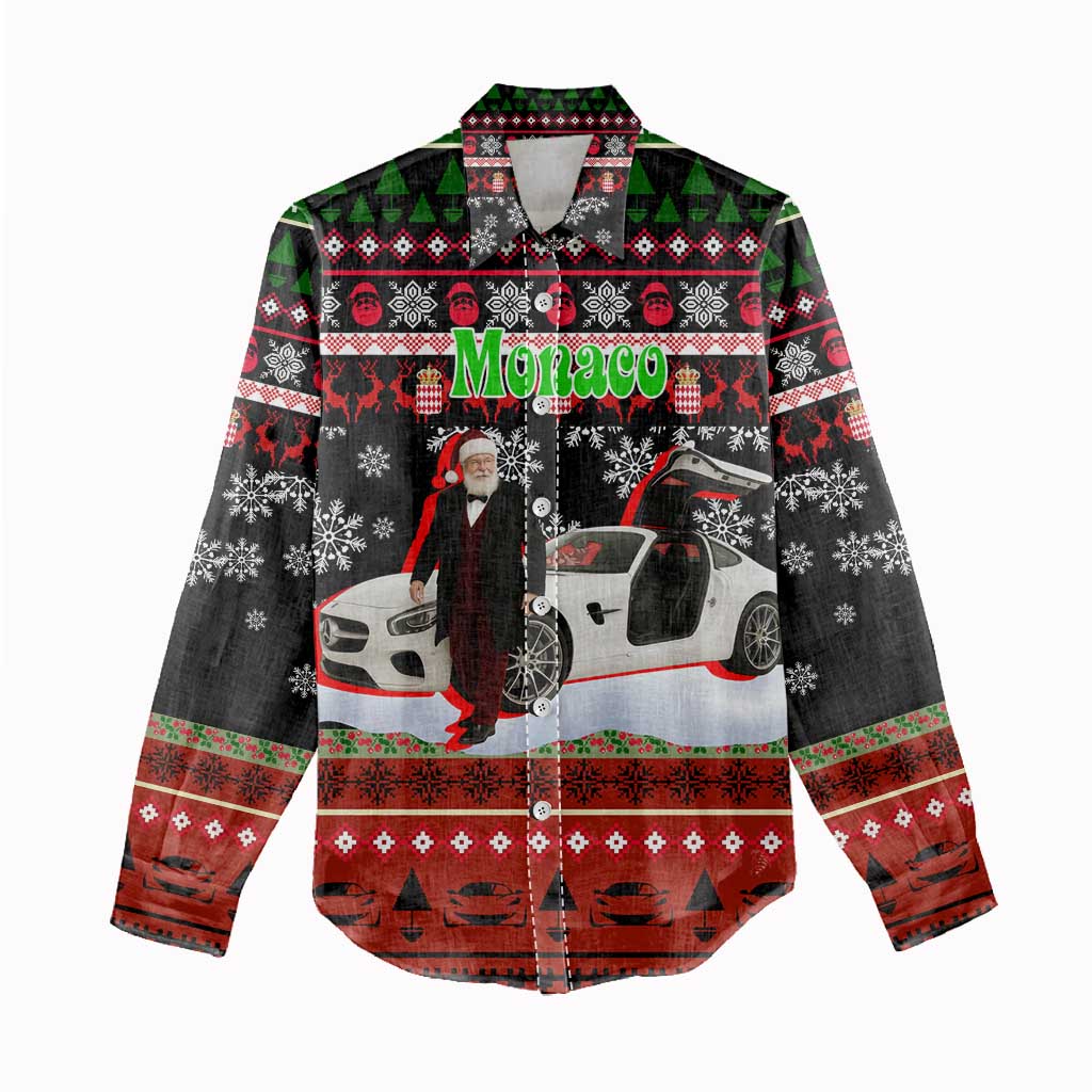 Monaco Christmas Women Casual Shirt with Santa Claus Sports Car Snowflakes and Luxury Holiday - Wonder Print Shop