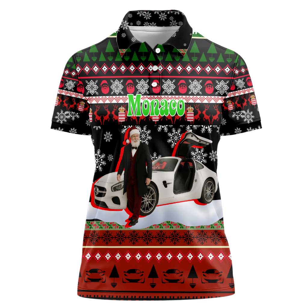Monaco Christmas Women Polo Shirt with Santa Claus Sports Car Snowflakes and Luxury Holiday - Wonder Print Shop