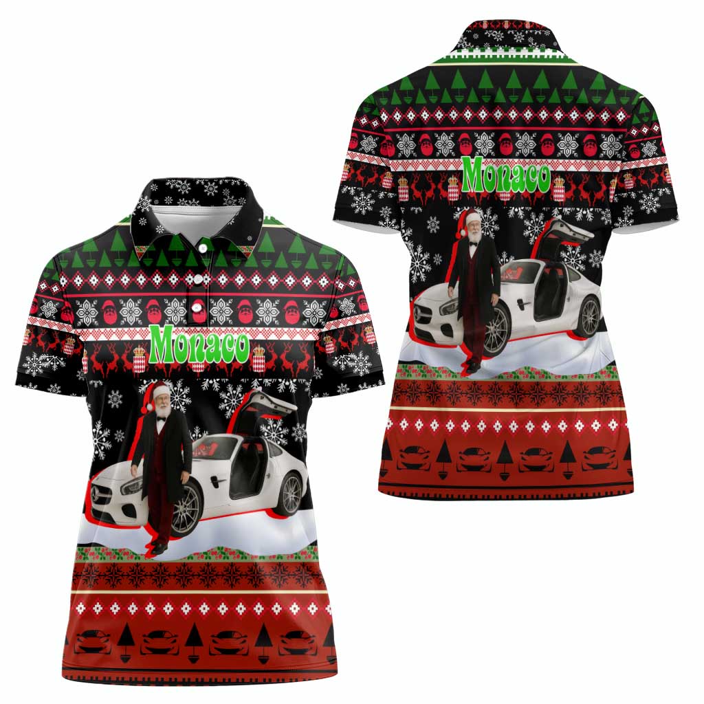 Monaco Christmas Women Polo Shirt with Santa Claus Sports Car Snowflakes and Luxury Holiday - Wonder Print Shop