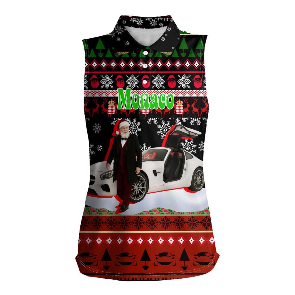 Monaco Christmas Women Sleeveless Polo Shirt with Santa Claus Sports Car Snowflakes and Luxury Holiday - Wonder Print Shop
