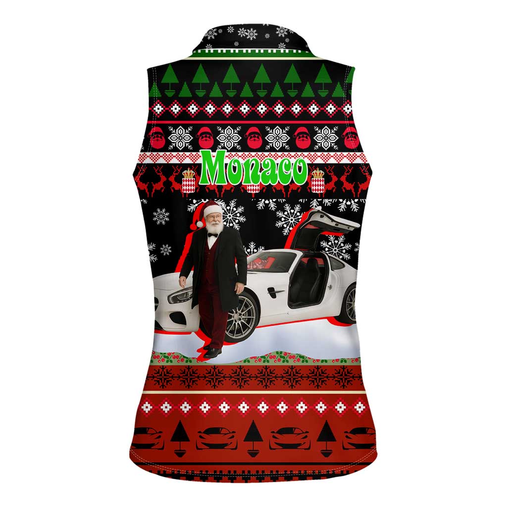 Monaco Christmas Women Sleeveless Polo Shirt with Santa Claus Sports Car Snowflakes and Luxury Holiday - Wonder Print Shop