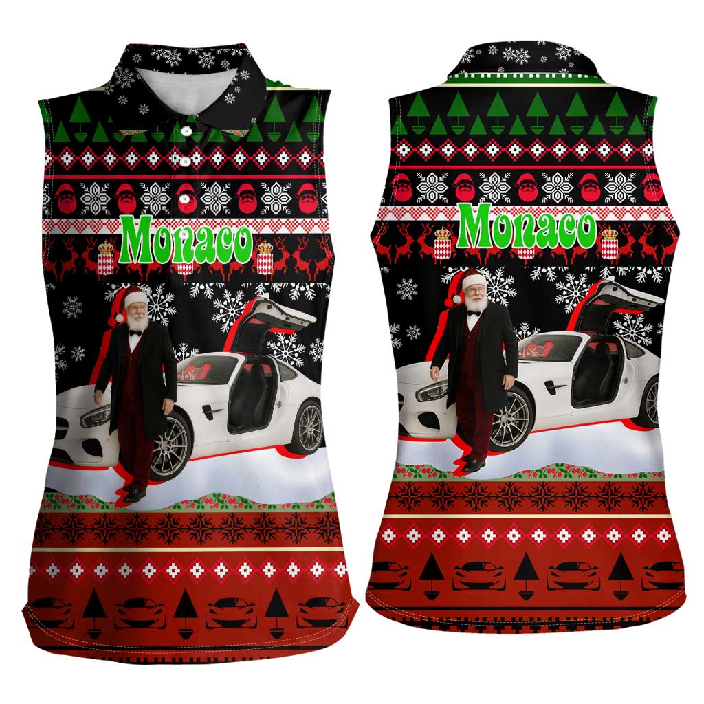 Monaco Christmas Women Sleeveless Polo Shirt with Santa Claus Sports Car Snowflakes and Luxury Holiday - Wonder Print Shop
