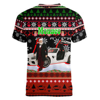 Monaco Christmas Women V-Neck T-Shirt with Santa Claus Sports Car Snowflakes and Luxury Holiday - Wonder Print Shop