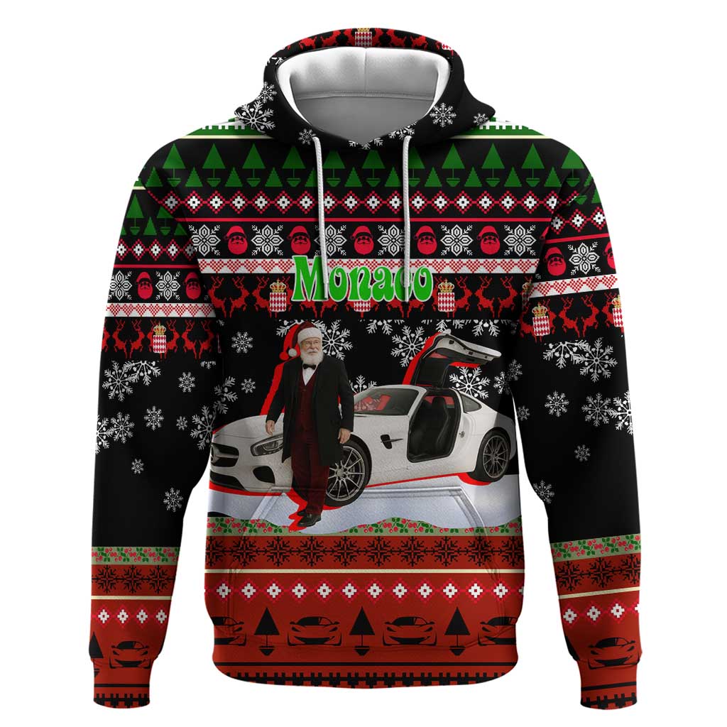 Monaco Christmas Zip Hoodie with Santa Claus Sports Car Snowflakes and Luxury Holiday - Wonder Print Shop