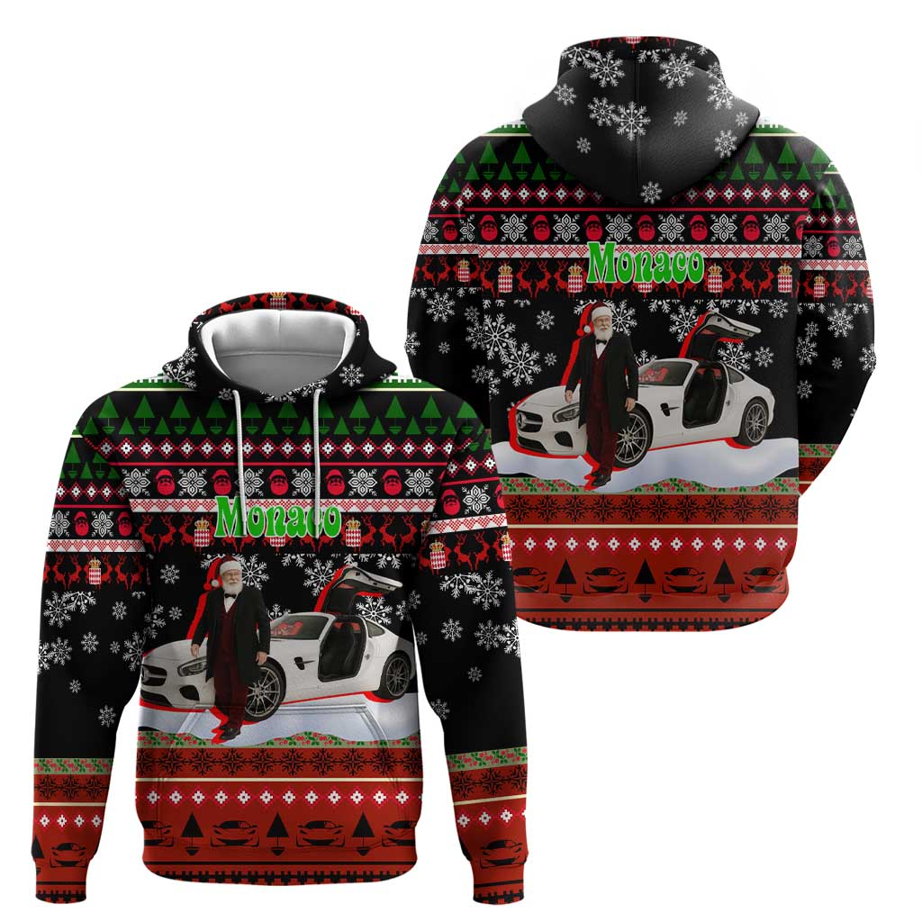 Monaco Christmas Zip Hoodie with Santa Claus Sports Car Snowflakes and Luxury Holiday - Wonder Print Shop