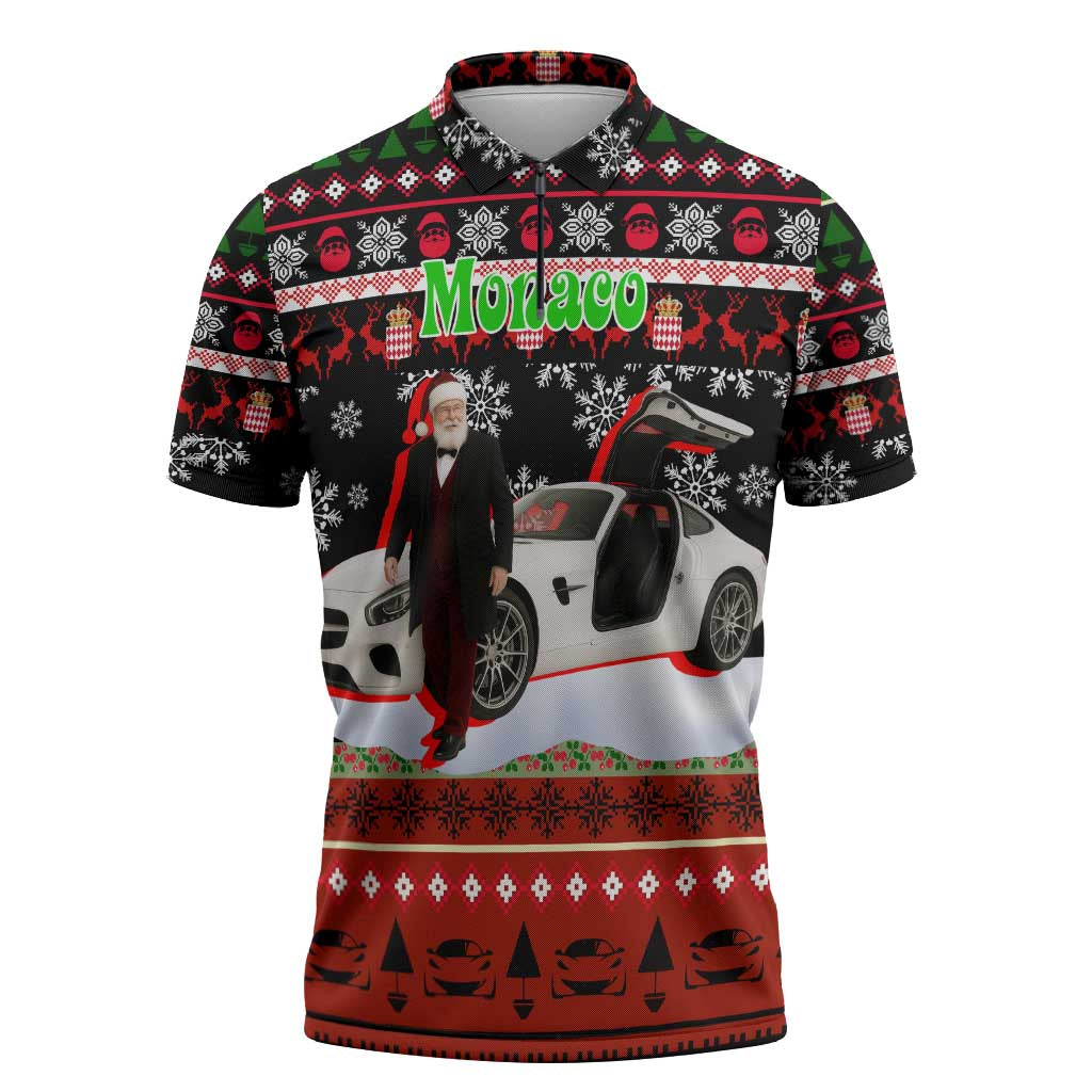 Monaco Christmas Zipper Polo Shirt with Santa Claus Sports Car Snowflakes and Luxury Holiday - Wonder Print Shop