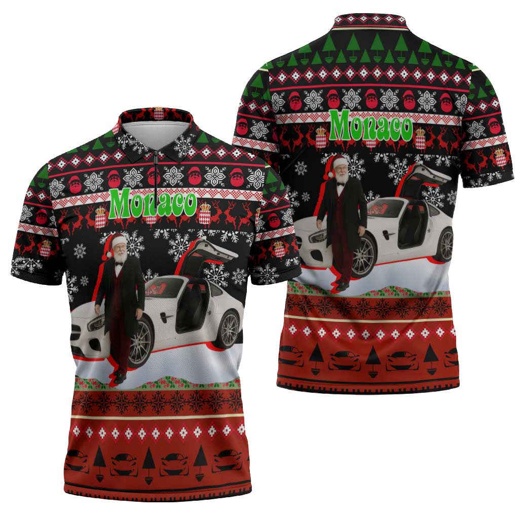 Monaco Christmas Zipper Polo Shirt with Santa Claus Sports Car Snowflakes and Luxury Holiday - Wonder Print Shop