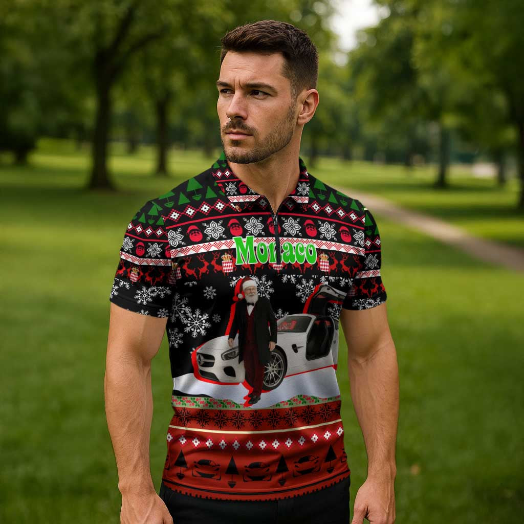 Monaco Christmas Zipper Polo Shirt with Santa Claus Sports Car Snowflakes and Luxury Holiday - Wonder Print Shop