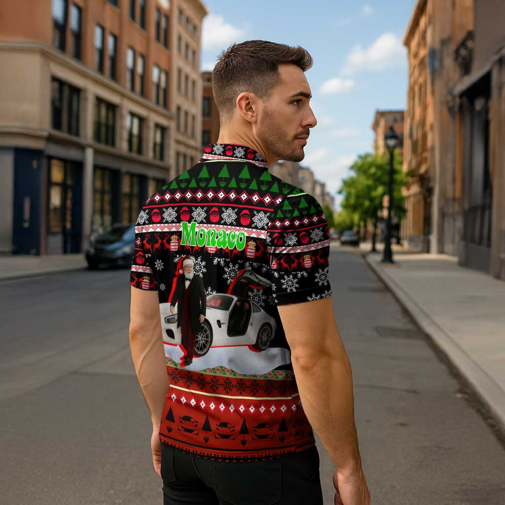 Monaco Christmas Zipper Polo Shirt with Santa Claus Sports Car Snowflakes and Luxury Holiday - Wonder Print Shop