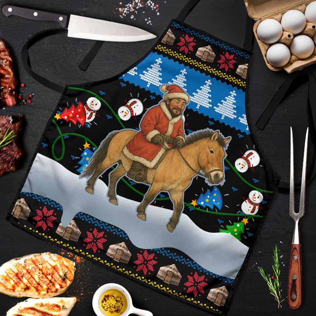 Mongolia Christmas Apron with Santa Riding Horse Snowmen Yurts and Winter Holiday - Wonder Print Shop