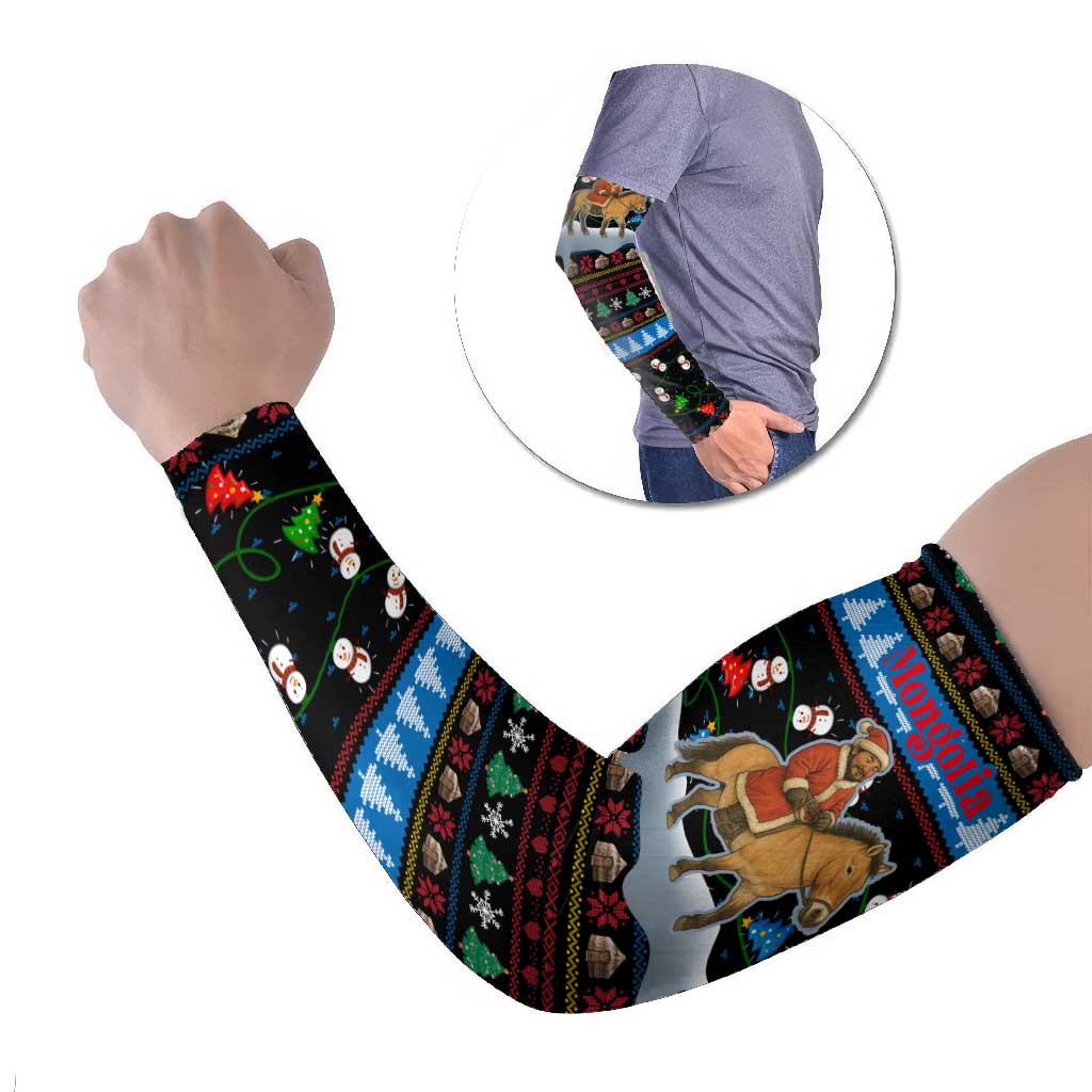 Mongolia Christmas Arm Sleeves with Santa Riding Horse Snowmen Yurts and Winter Holiday - Wonder Print Shop